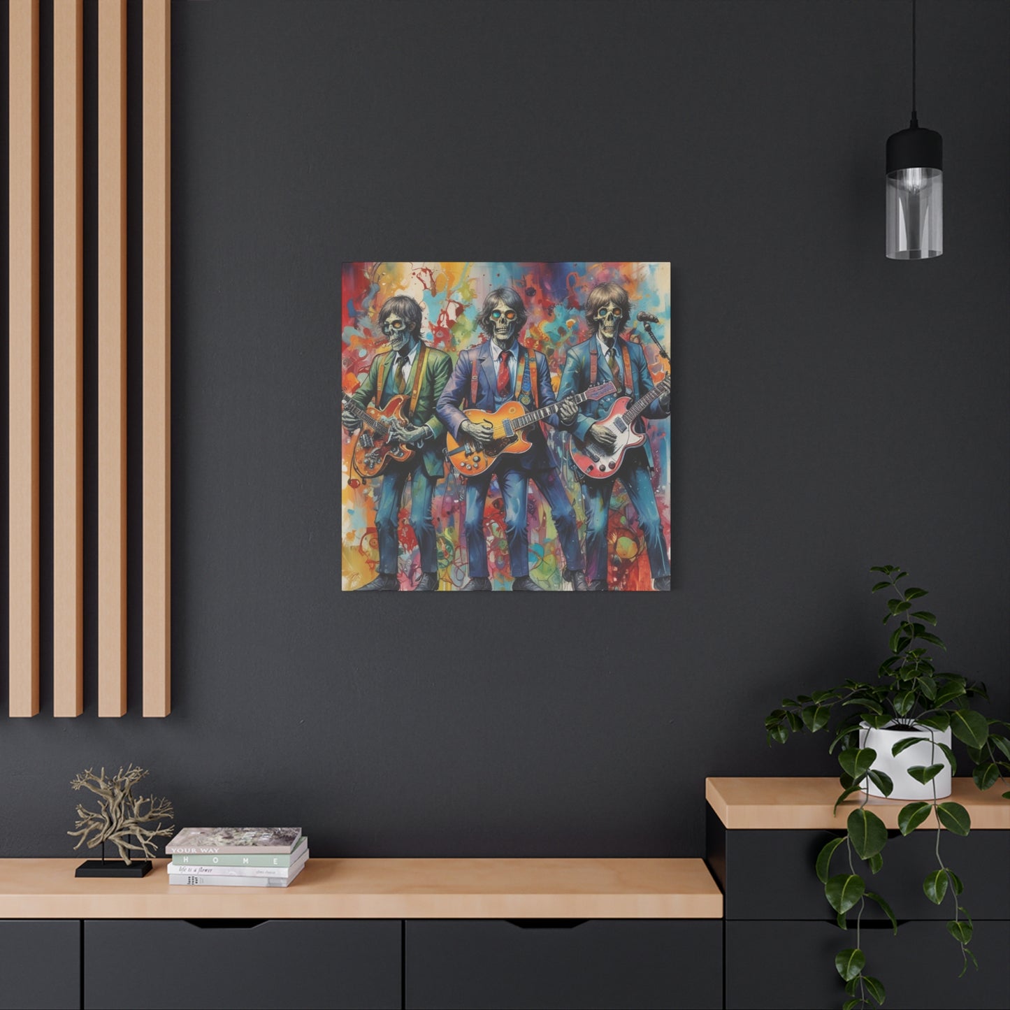 Rock Skeleton Band Canvas Print — Colorful Guitarist Wall Art