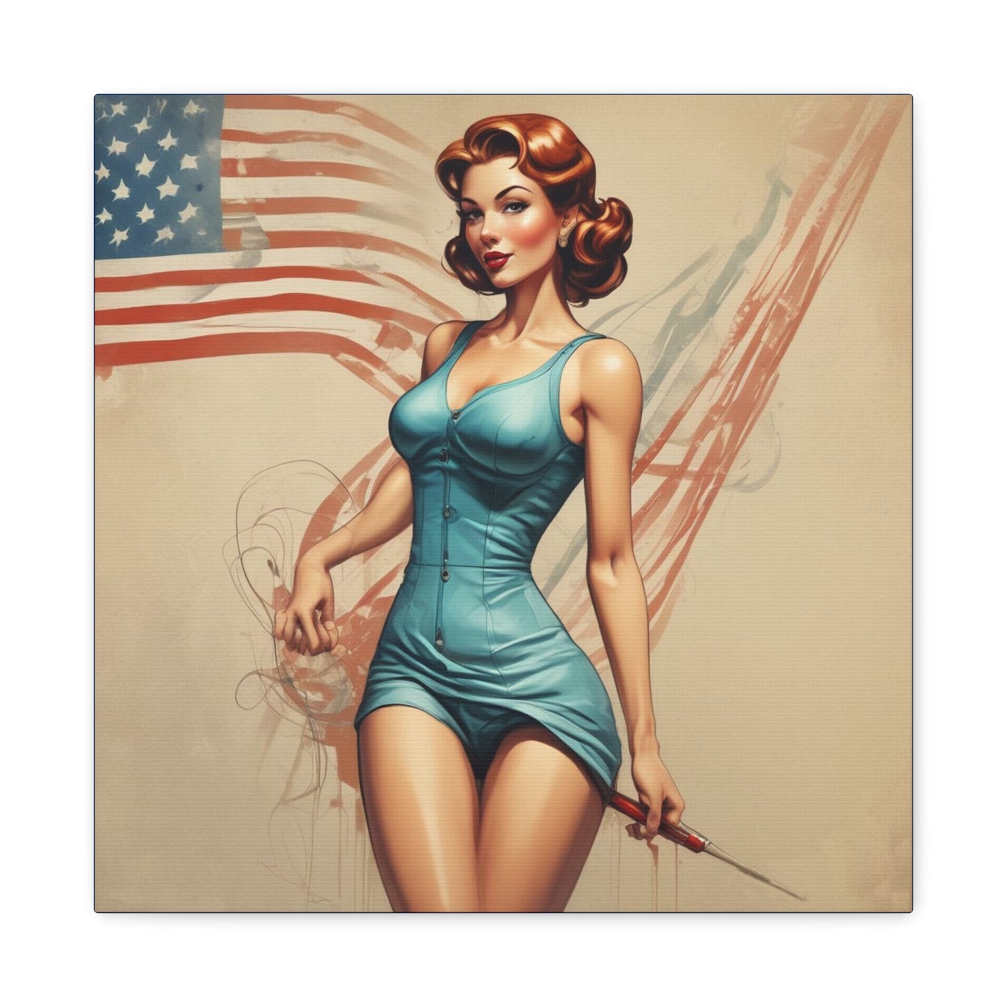 Retro Pin-Up Canvas Wall Art — Vintage American Flag Pinup Matte Stretched 1.25"
