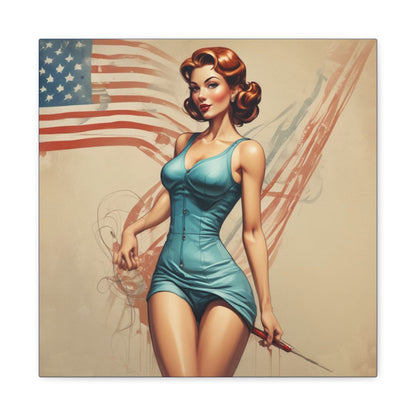 Retro Pin-Up Canvas Wall Art — Vintage American Flag Pinup Matte Stretched 1.25"