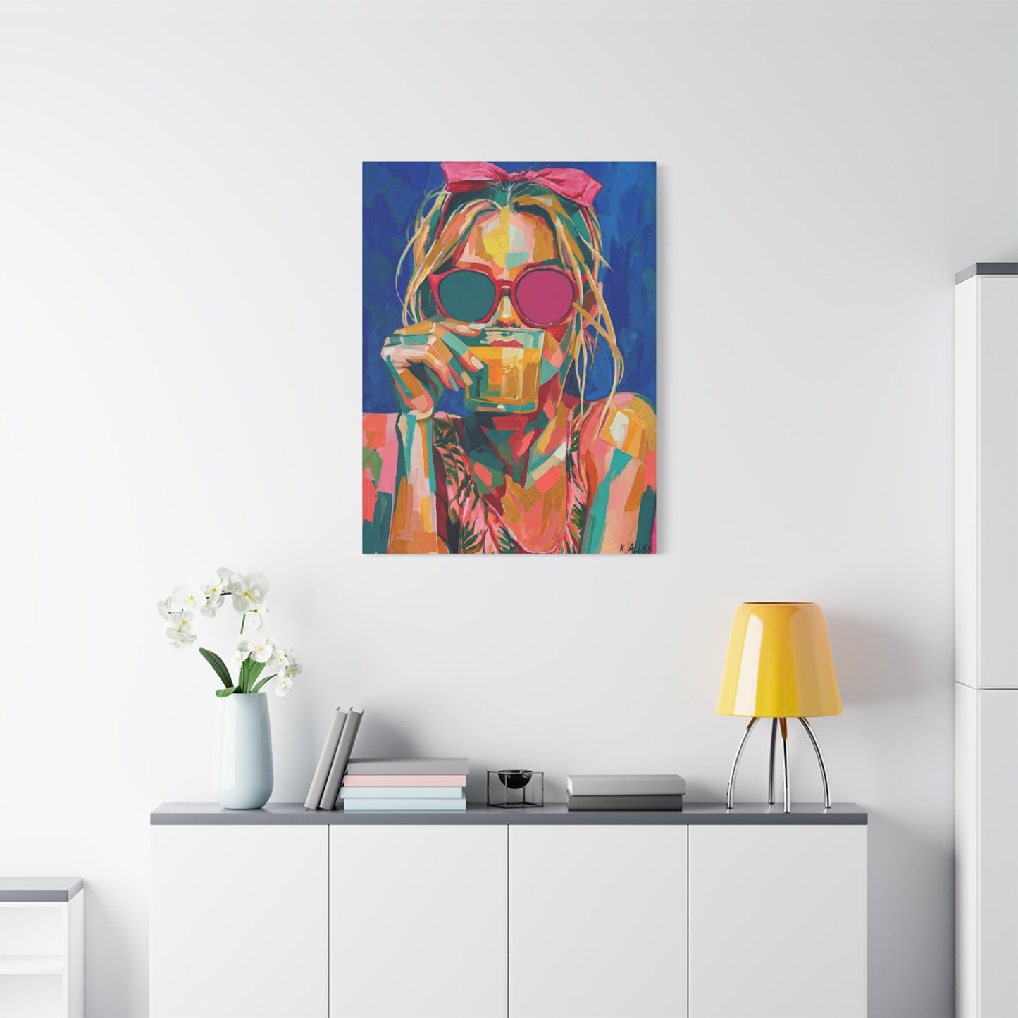 Colorful Pop Art Woman Drinking Canvas Wall Art - Blue