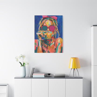 Colorful Pop Art Woman Drinking Canvas Wall Art - Blue