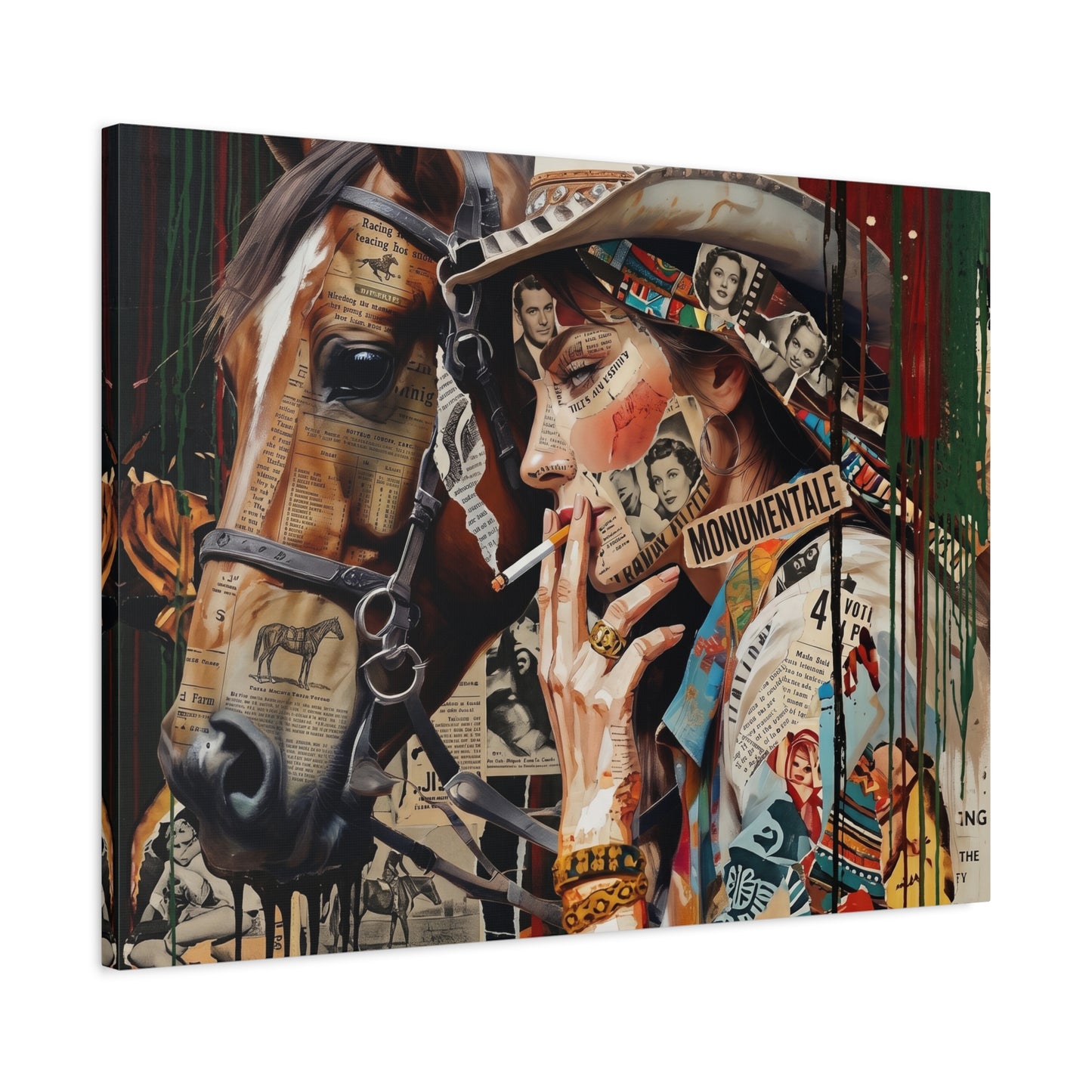 Western Collage Horse & Cowgirl Matte Canvas Wall Art - Stretched 1.25"