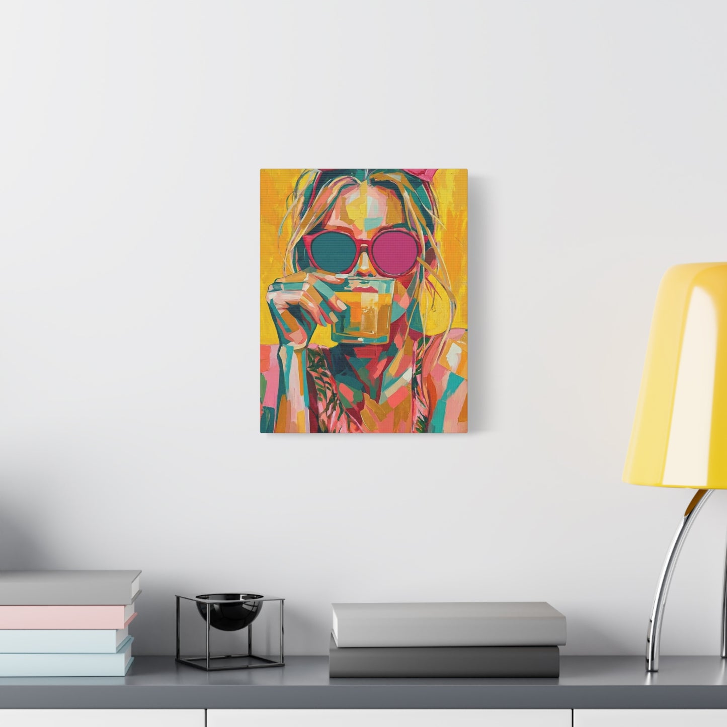 Colorful Pop Art Woman Drinking Canvas Wall Art