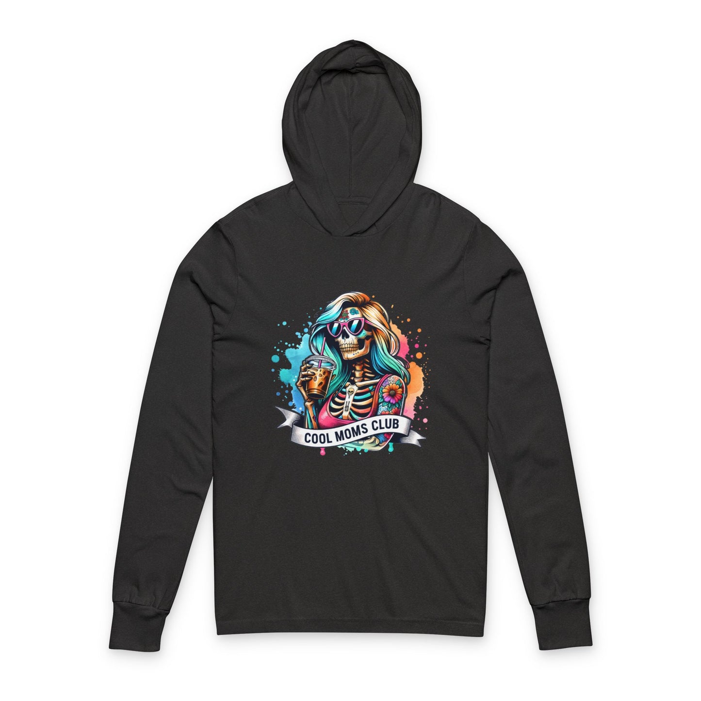 Cool Moms Club Hooded Long Sleeve Tee — Colorful Skeleton Mom Graphic