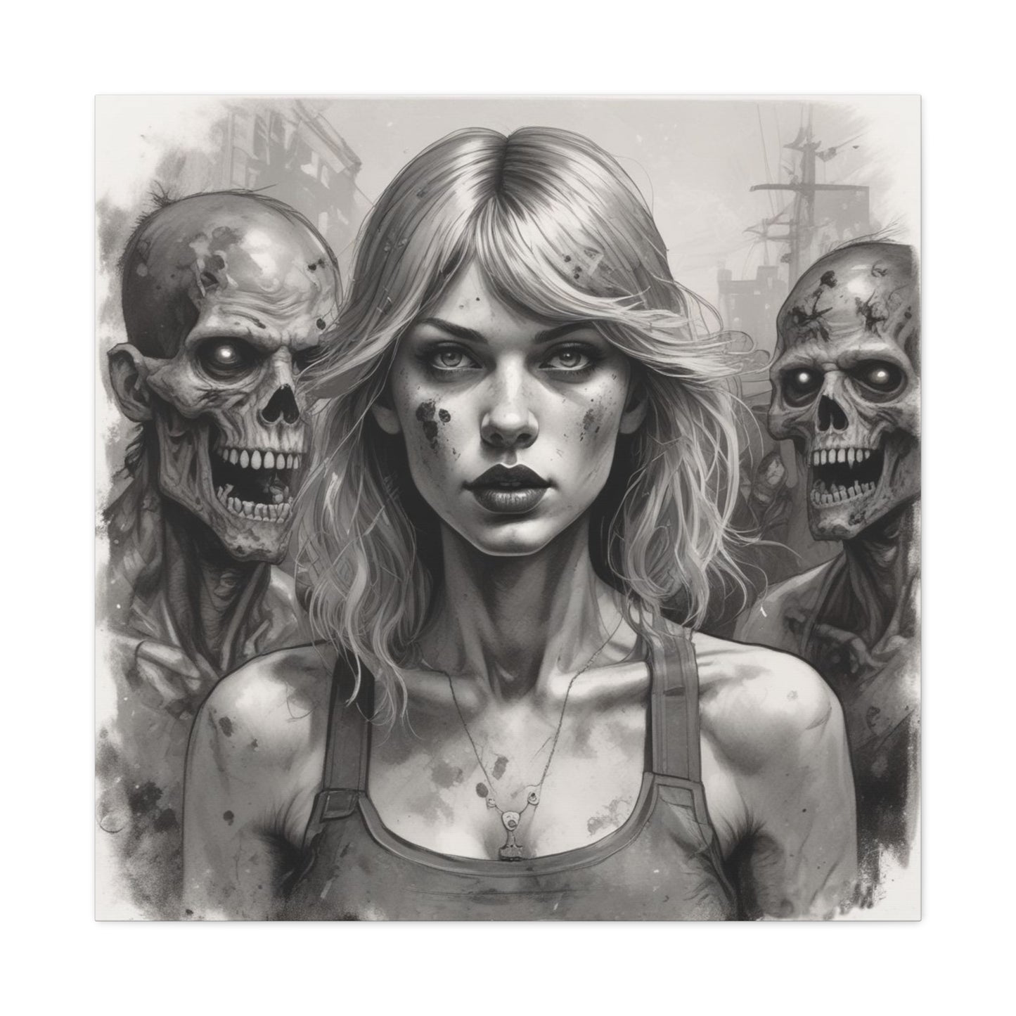 Zombie Apocalypse Canvas Print — Female Survivor Portrait Matte Stretched Art
