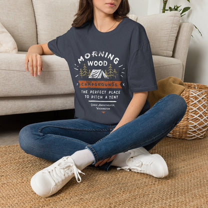 Camping T-Shirt — "Morning Wood" Tent & Pine Tree Outdoor Graphic Tee
