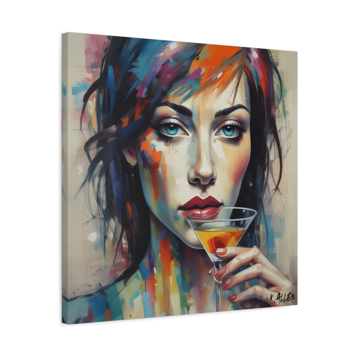 Colorful Femme Portrait Canvas — Martini Woman Stretched Wall Art
