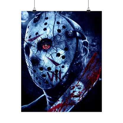 Horror Jason Mask Satin Poster — Bloodied Knife Slasher Wall Art