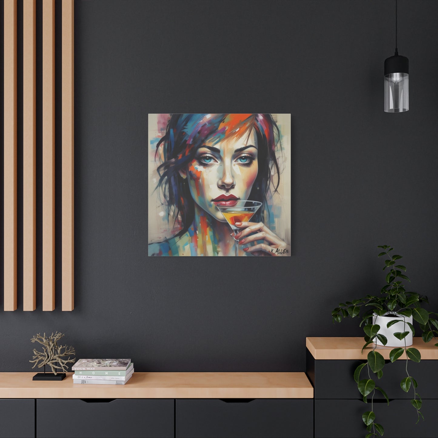 Colorful Femme Portrait Canvas — Martini Woman Stretched Wall Art