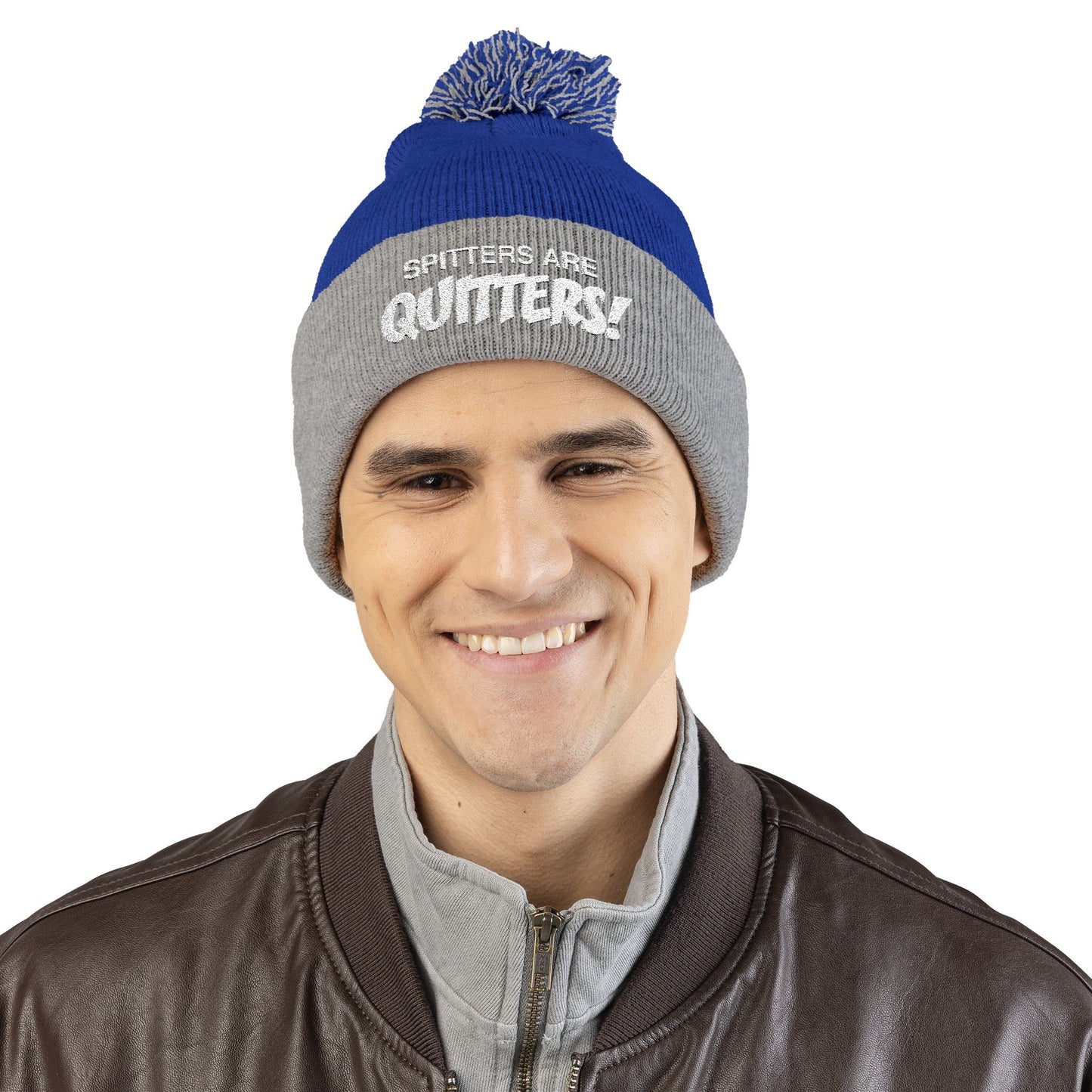 Embroidered Pom-Pom Beanie — "Spitters Are Quitters!" Cozy Winter Hat