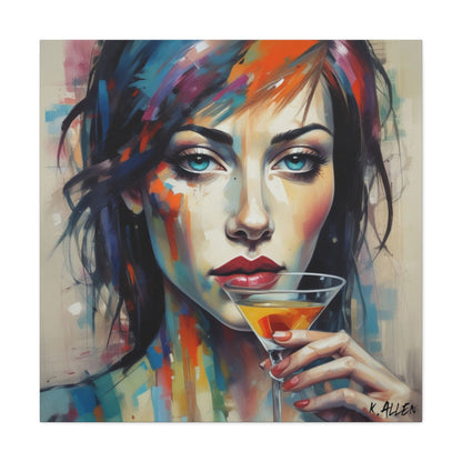 Colorful Femme Portrait Canvas — Martini Woman Stretched Wall Art