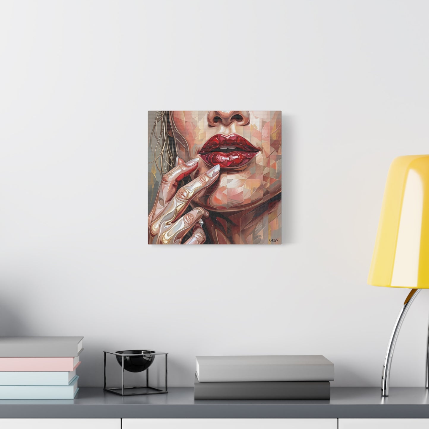 Glam Portrait Canvas Print — Red Lips & Painted Hands Matte Stretched Wall Art