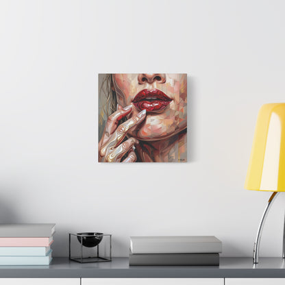 Glam Portrait Canvas Print — Red Lips & Painted Hands Matte Stretched Wall Art