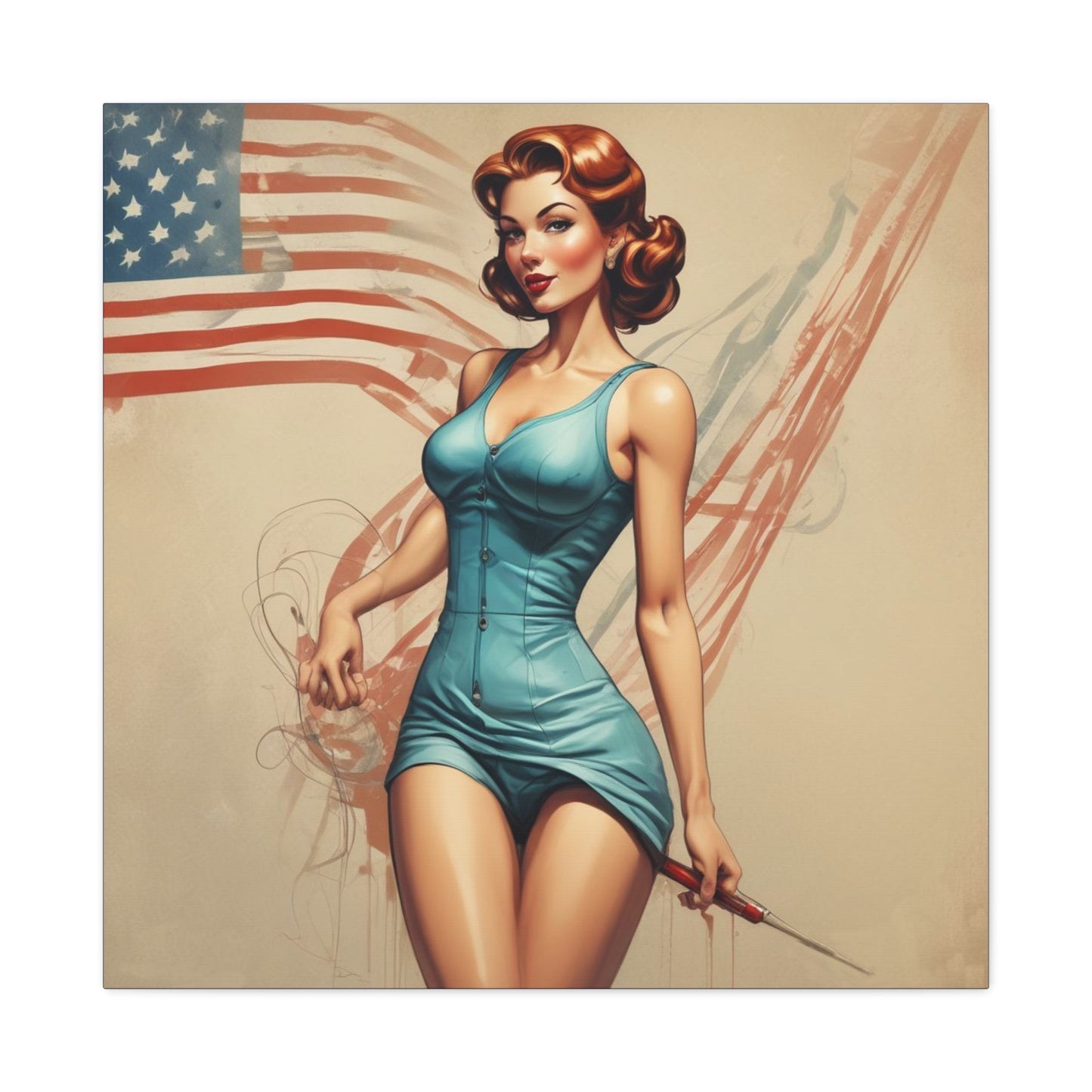 Retro Pin-Up Canvas Wall Art — Vintage American Flag Pinup Matte Stretched 1.25"