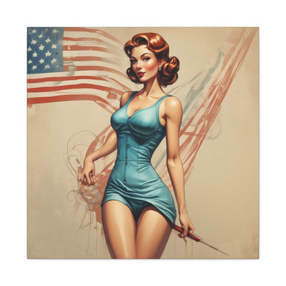 Retro Pin-Up Canvas Wall Art — Vintage American Flag Pinup Matte Stretched 1.25"