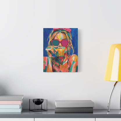 Colorful Pop Art Woman Drinking Canvas Wall Art - Blue