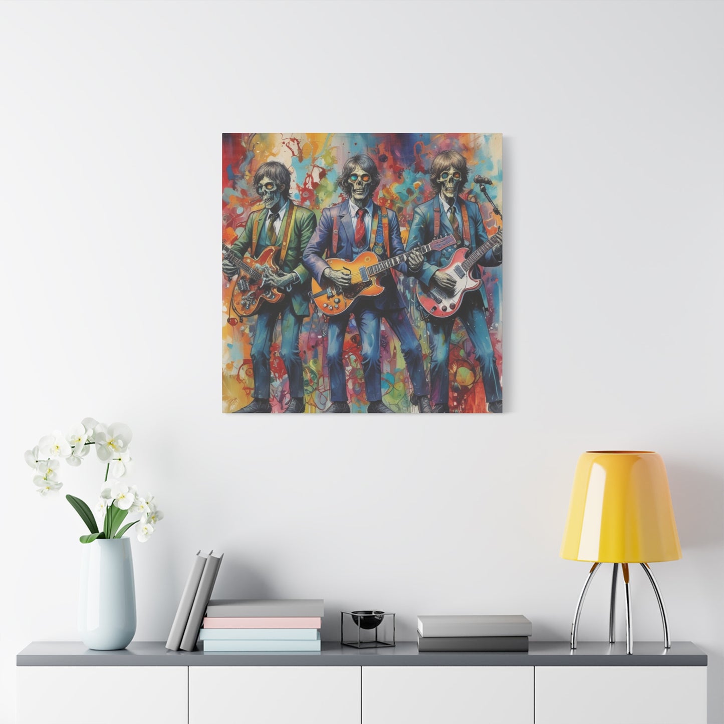 Rock Skeleton Band Canvas Print — Colorful Guitarist Wall Art
