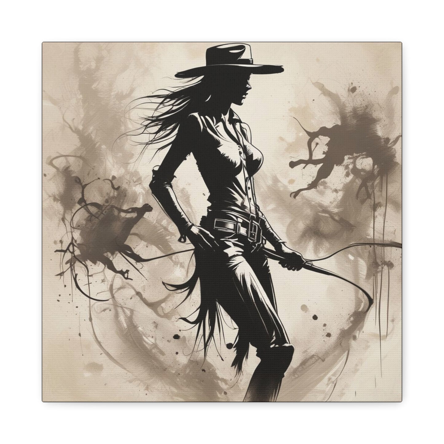 Cowgirl Silhouette Canvas Art – Western Whip Poster on Matte Stretched Canvas