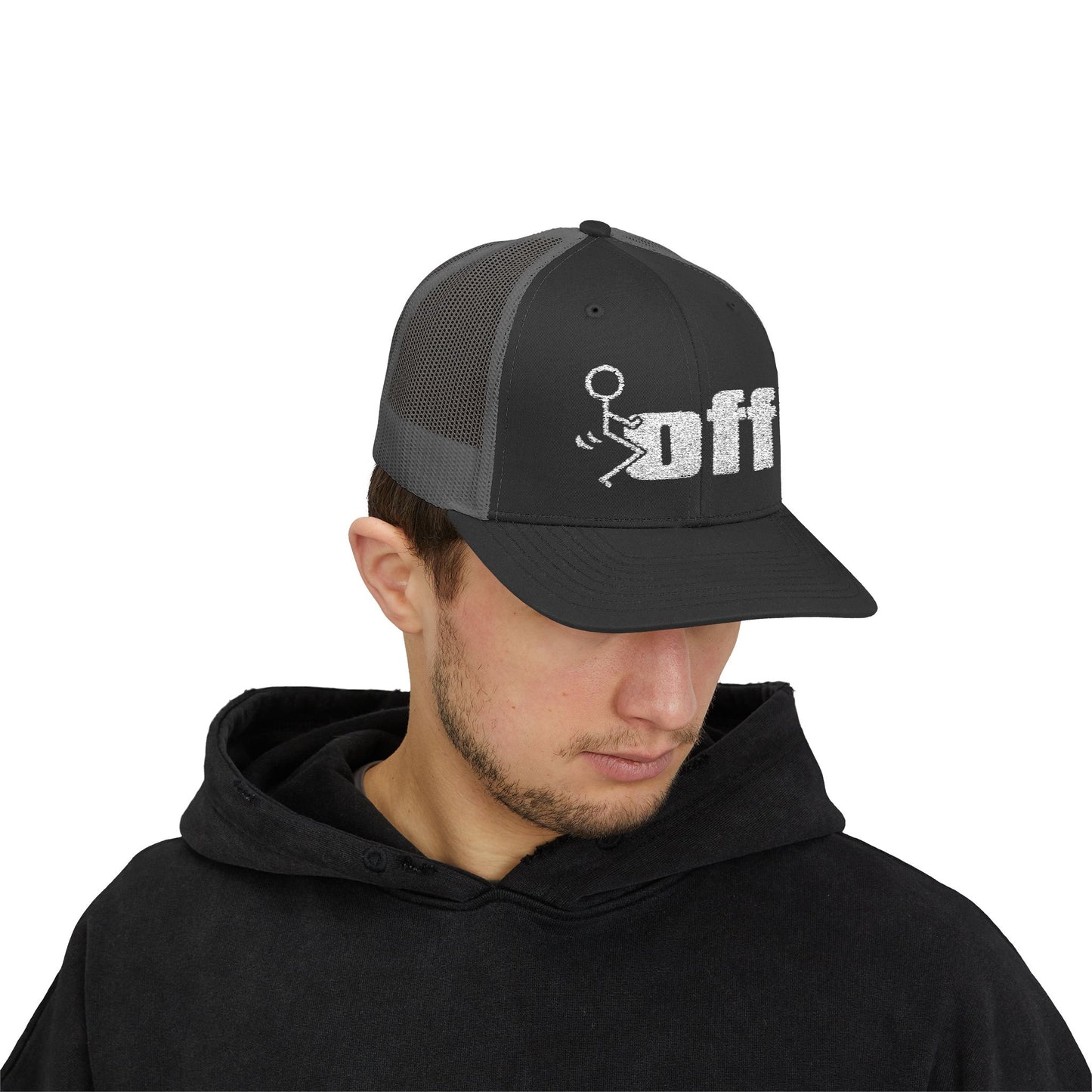 'F Off' Stick Figure Trucker Cap – Retro Distressed Snapback Hat