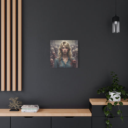 Zombie Swift Matte Canvas Print — Horror Wall Art, Blonde Survivor Surrounded by Undead