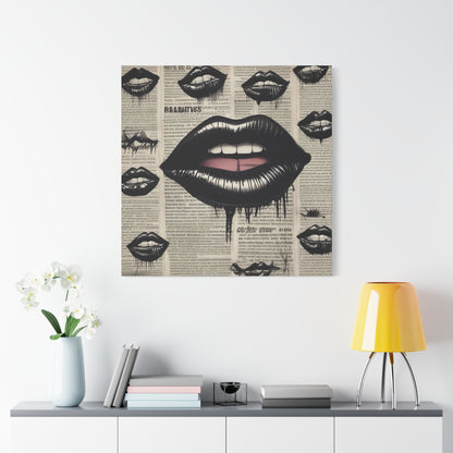 Black Drip Lips Canvas Wall Art — Vintage Newspaper Pop Art
