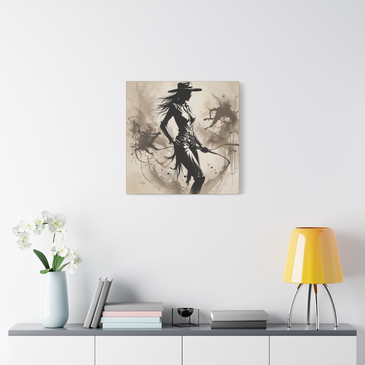 Cowgirl Silhouette Canvas Art – Western Whip Poster on Matte Stretched Canvas