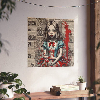 Gothic Alice Fine Art Print — Dark Vintage Newspaper Collage with Blood-Splatter