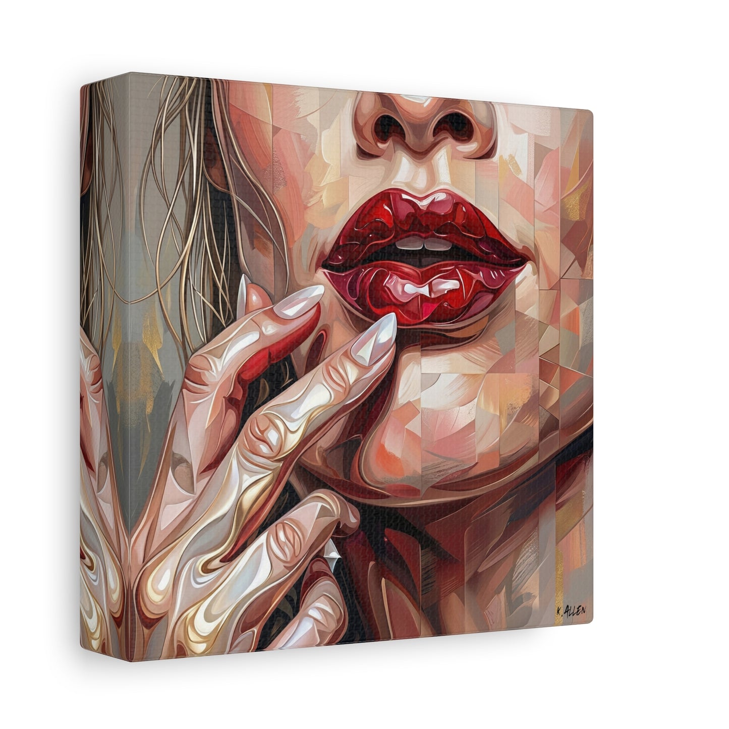 Glam Portrait Canvas Print — Red Lips & Painted Hands Matte Stretched Wall Art
