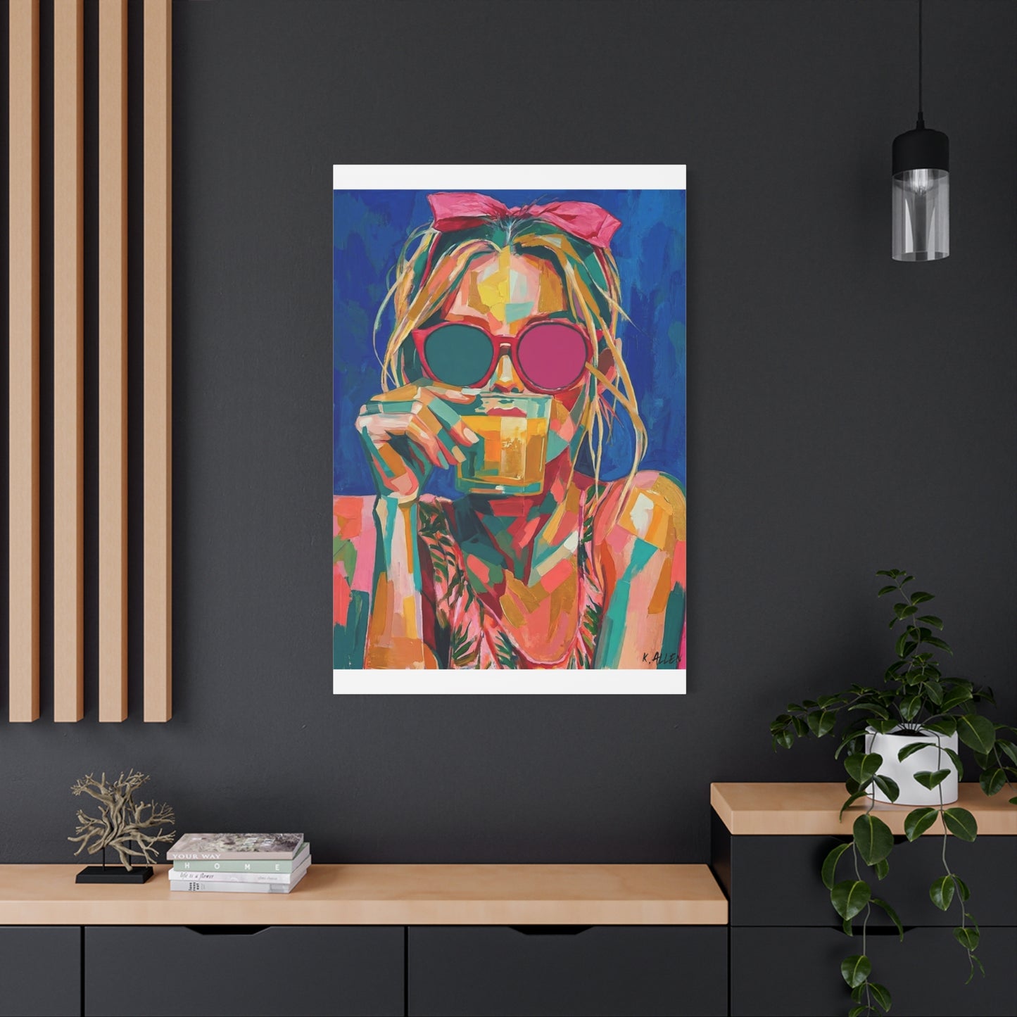 Colorful Pop Art Woman Drinking Canvas Wall Art - Blue