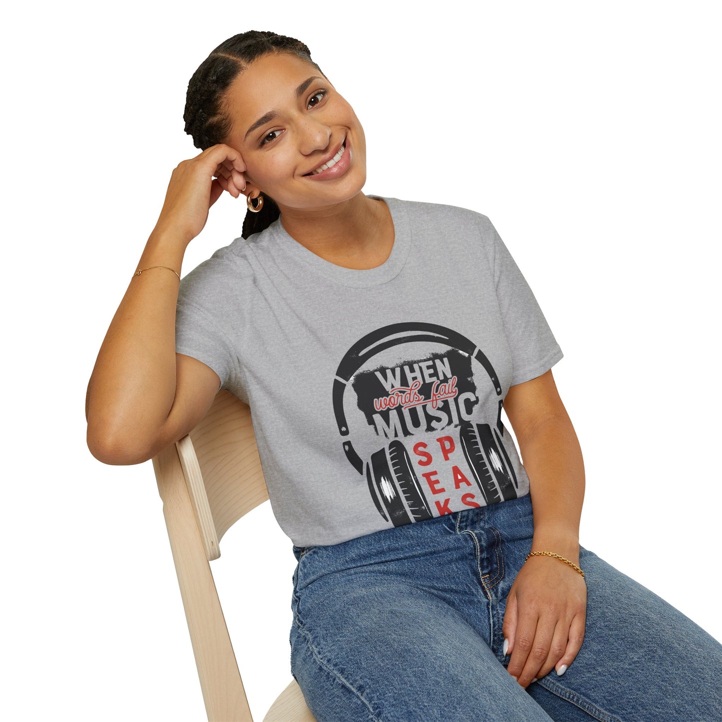 Music Speaks Headphones T-Shirt — "When Words Fail Music Speaks" Graphic Tee