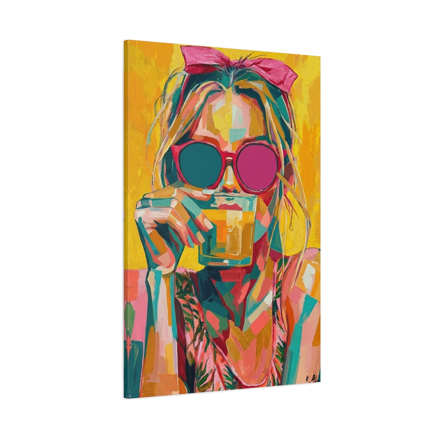 Colorful Pop Art Woman Drinking Canvas Wall Art