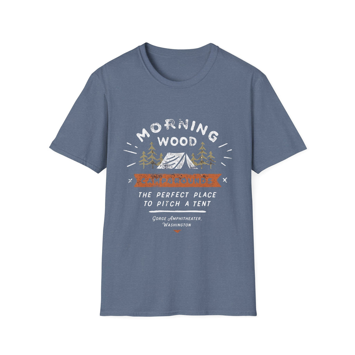 Camping T-Shirt — "Morning Wood" Tent & Pine Tree Outdoor Graphic Tee