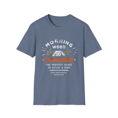 Camping T-Shirt — "Morning Wood" Tent & Pine Tree Outdoor Graphic Tee