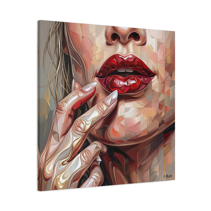 Glam Portrait Canvas Print — Red Lips & Painted Hands Matte Stretched Wall Art