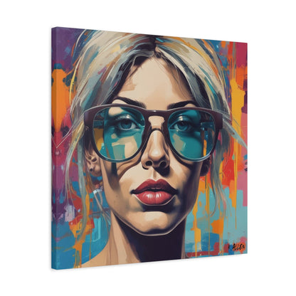 Pop Art Portrait Canvas — Blonde Woman with Blue Sunglasses Matte Stretched Art