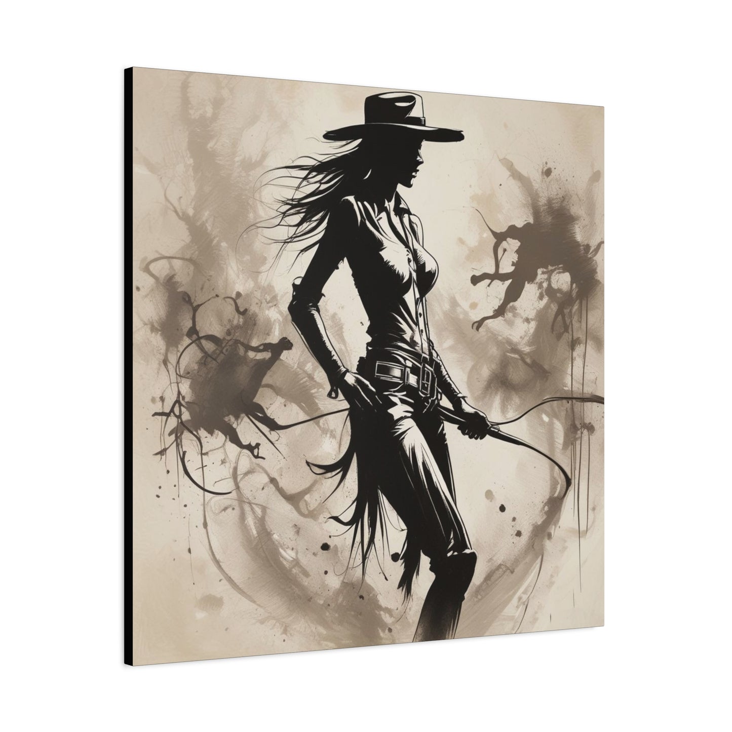 Cowgirl Silhouette Canvas Art – Western Whip Poster on Matte Stretched Canvas