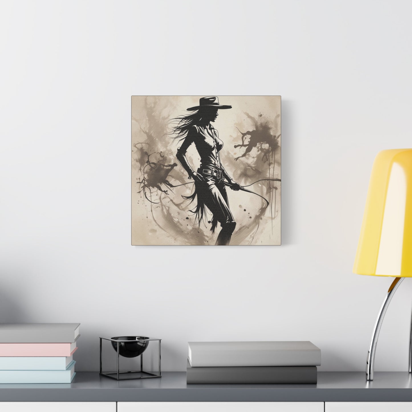 Cowgirl Silhouette Canvas Art – Western Whip Poster on Matte Stretched Canvas
