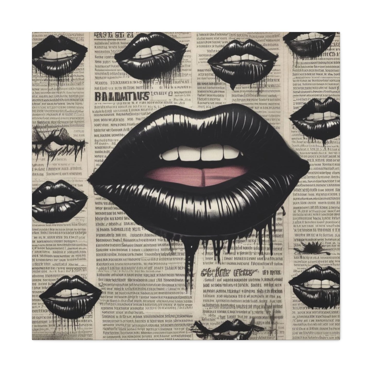 Black Drip Lips Canvas Wall Art — Vintage Newspaper Pop Art