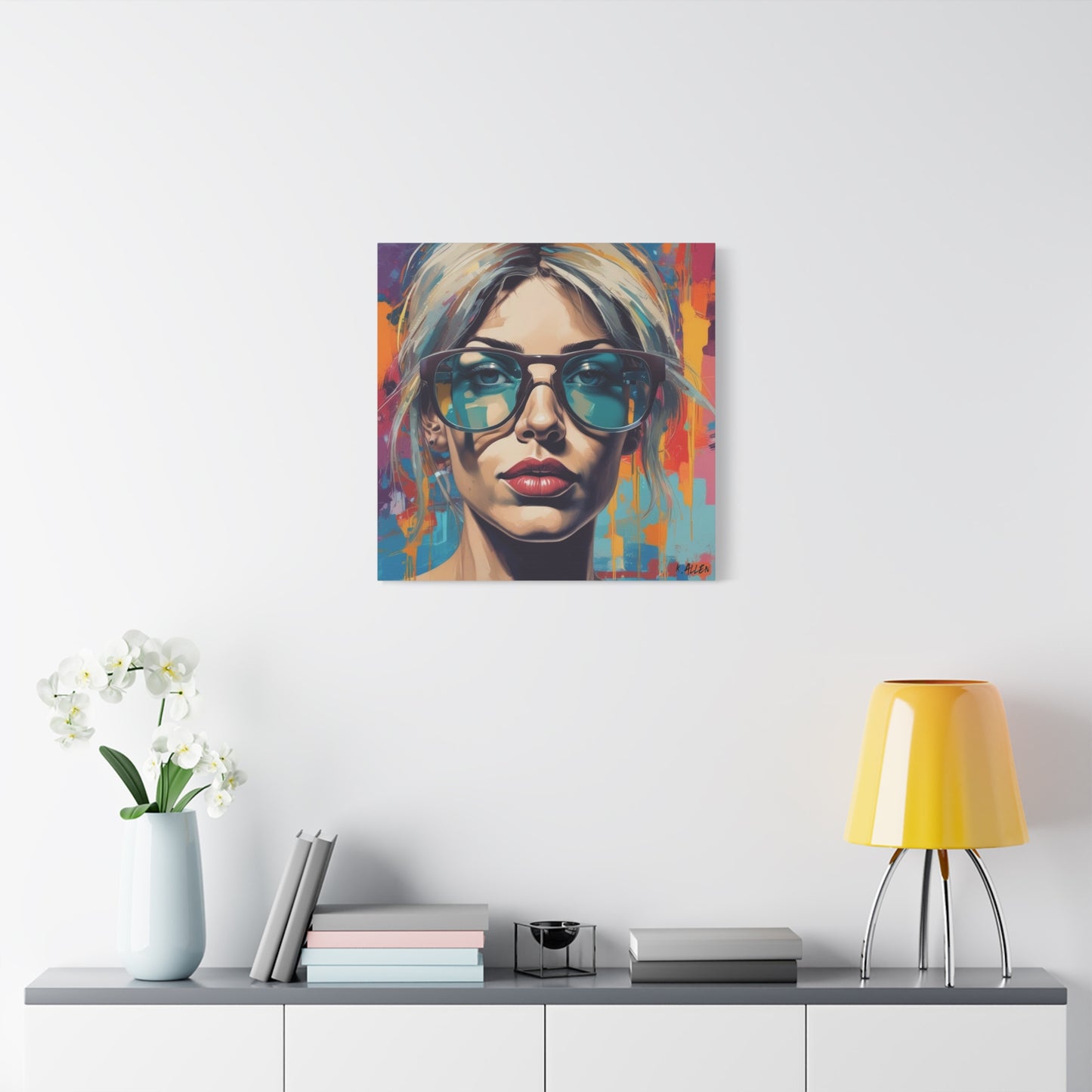 Pop Art Portrait Canvas — Blonde Woman with Blue Sunglasses Matte Stretched Art