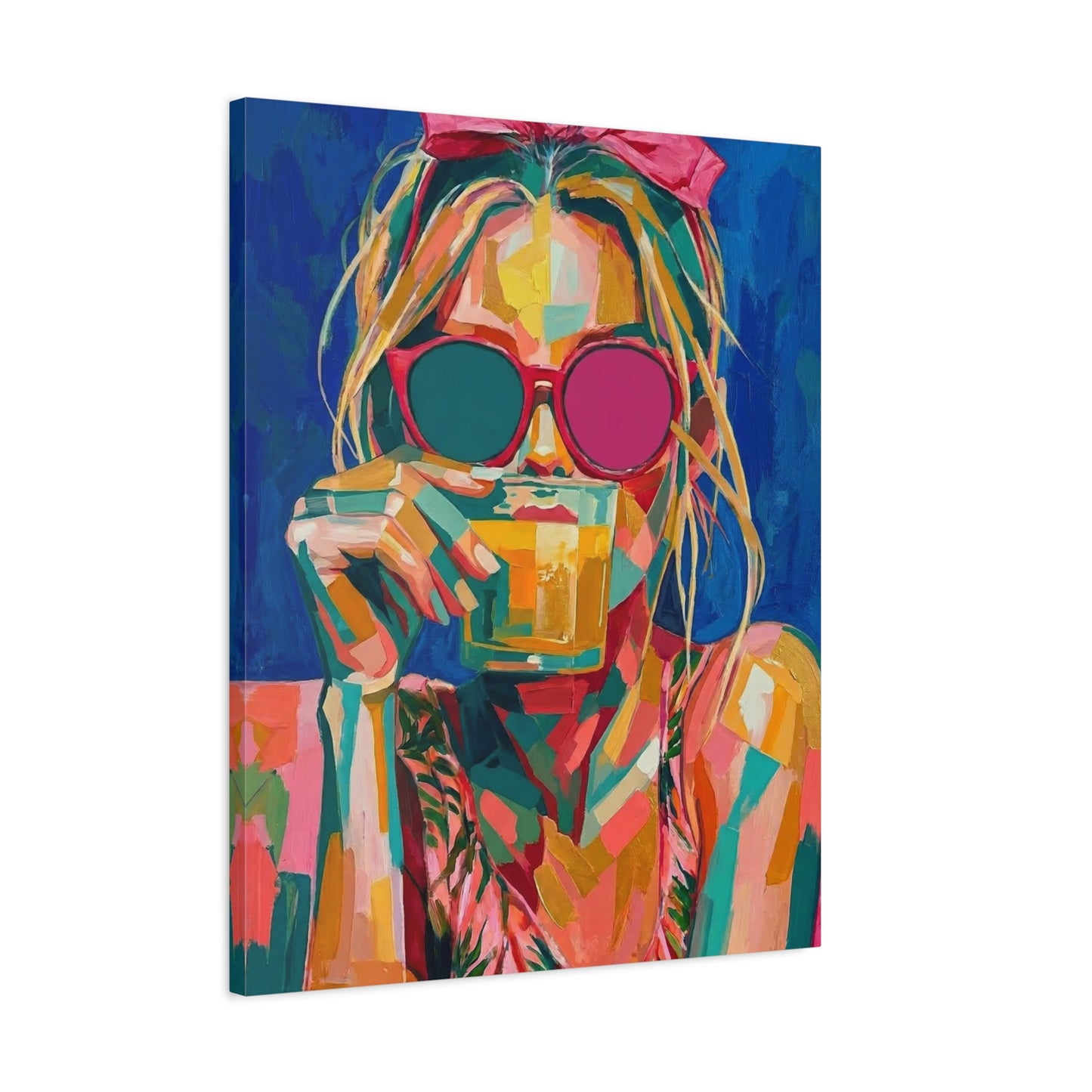 Colorful Pop Art Woman Drinking Canvas Wall Art - Blue
