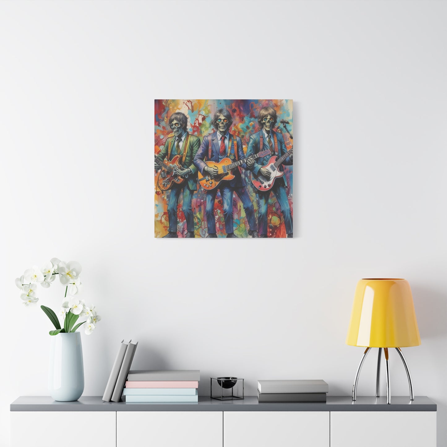 Rock Skeleton Band Canvas Print — Colorful Guitarist Wall Art