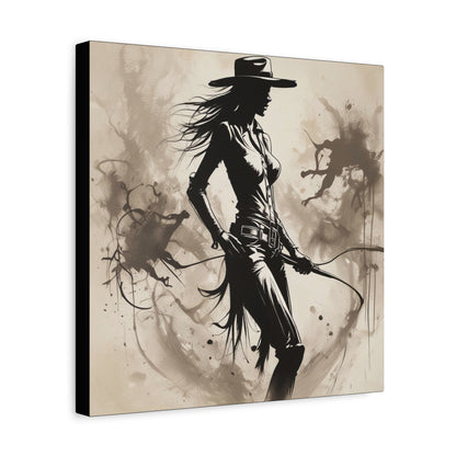 Cowgirl Silhouette Canvas Art – Western Whip Poster on Matte Stretched Canvas