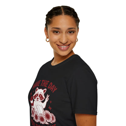 Have The Day You Deserve Raccoon T-Shirt — Positive Message Tee with Sunflowers
