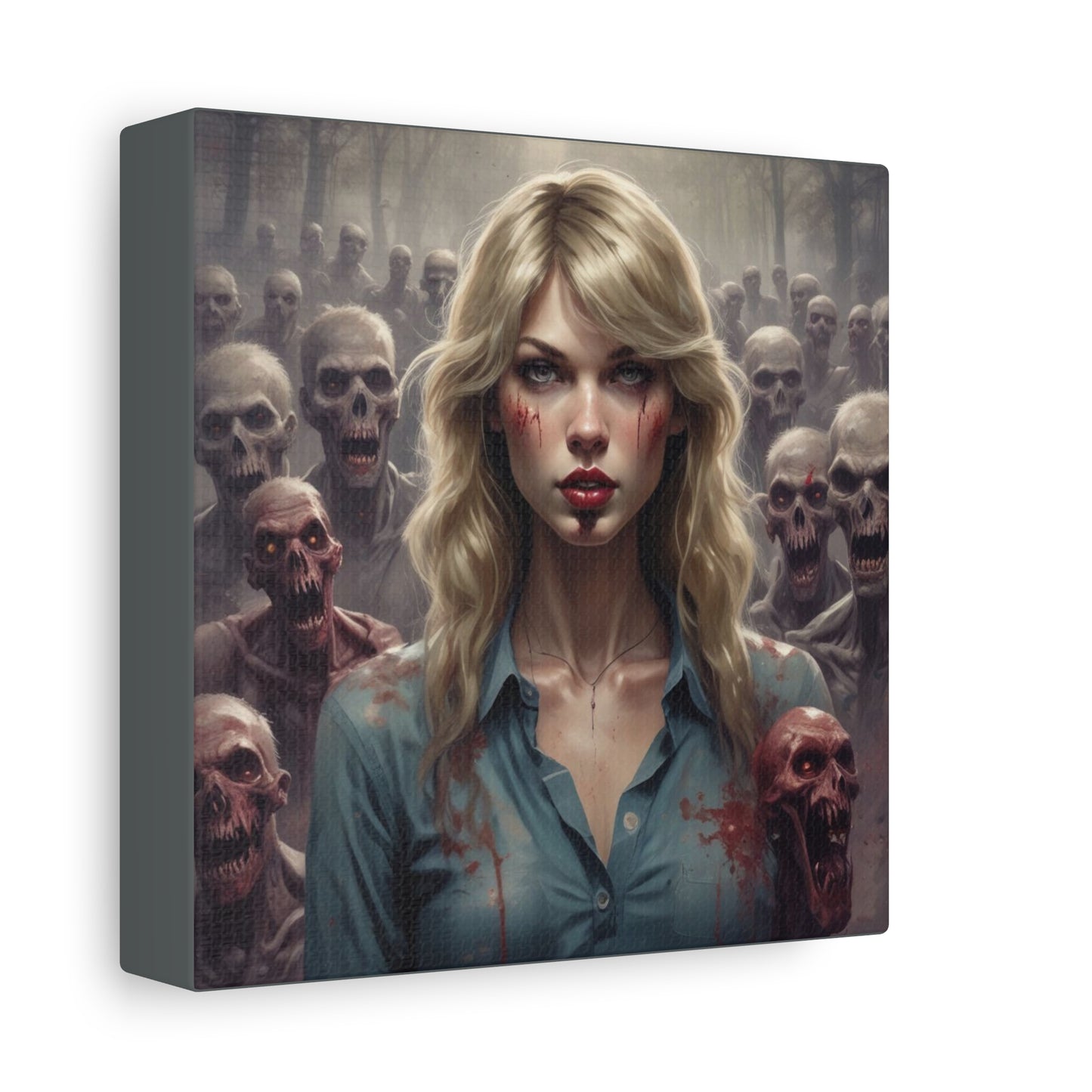 Zombie Swift Matte Canvas Print — Horror Wall Art, Blonde Survivor Surrounded by Undead