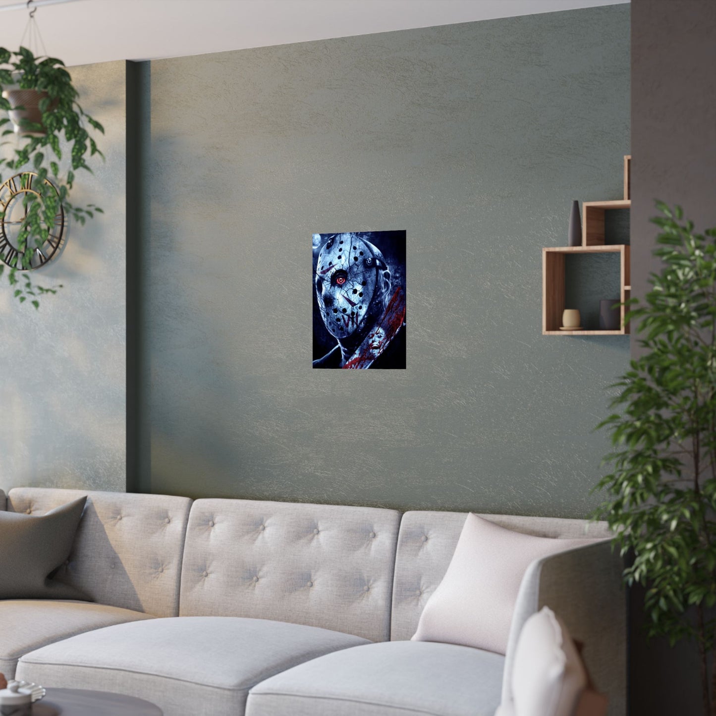 Horror Jason Mask Satin Poster — Bloodied Knife Slasher Wall Art
