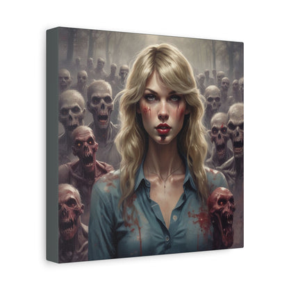 Zombie Swift Matte Canvas Print — Horror Wall Art, Blonde Survivor Surrounded by Undead