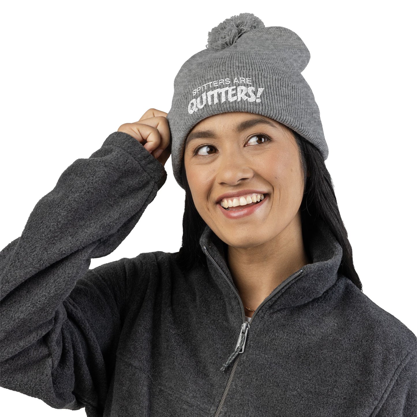 Embroidered Pom-Pom Beanie — "Spitters Are Quitters!" Cozy Winter Hat