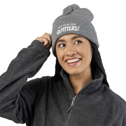 Embroidered Pom-Pom Beanie — "Spitters Are Quitters!" Cozy Winter Hat