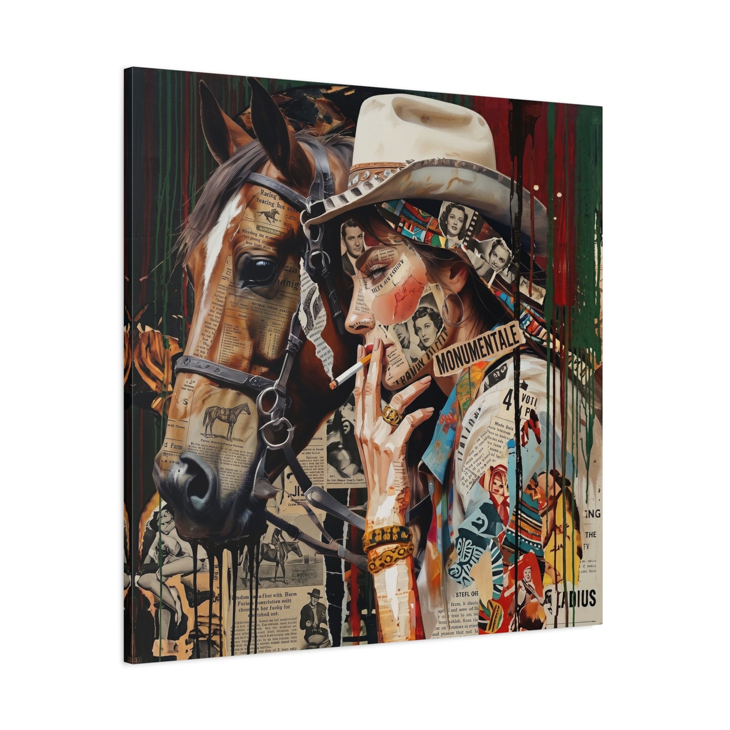 Western Collage Horse & Cowgirl Matte Canvas Wall Art - Stretched 1.25"