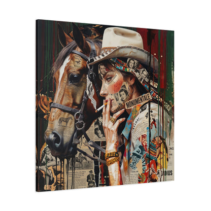 Western Collage Horse & Cowgirl Matte Canvas Wall Art - Stretched 1.25"